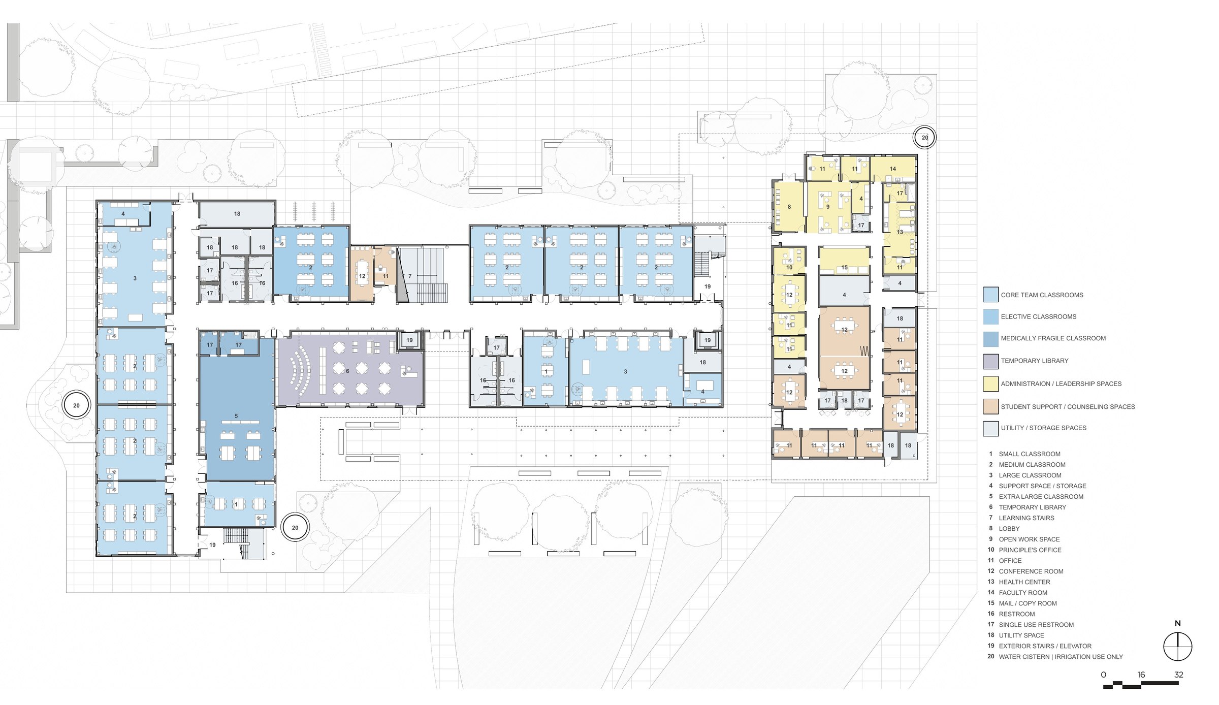 Ground floor plan of the learning and administration buildings, showing classrooms, administration and leadership spaces, student support and counseling, a temporary library, and utility spaces.